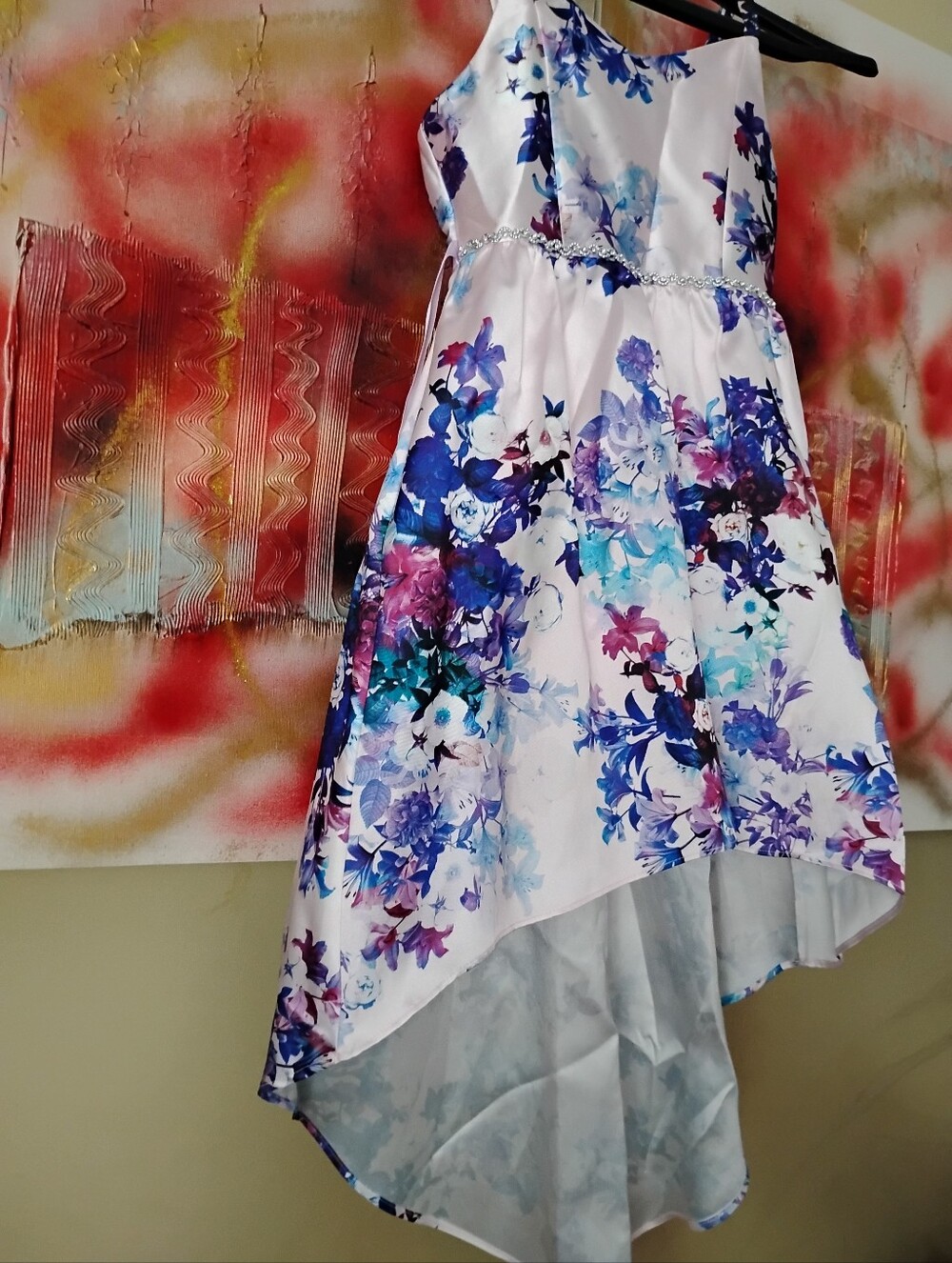 Emily Rose White Floral High-Low Dress with Purple and Blue Blooms - Picture 6 of 10